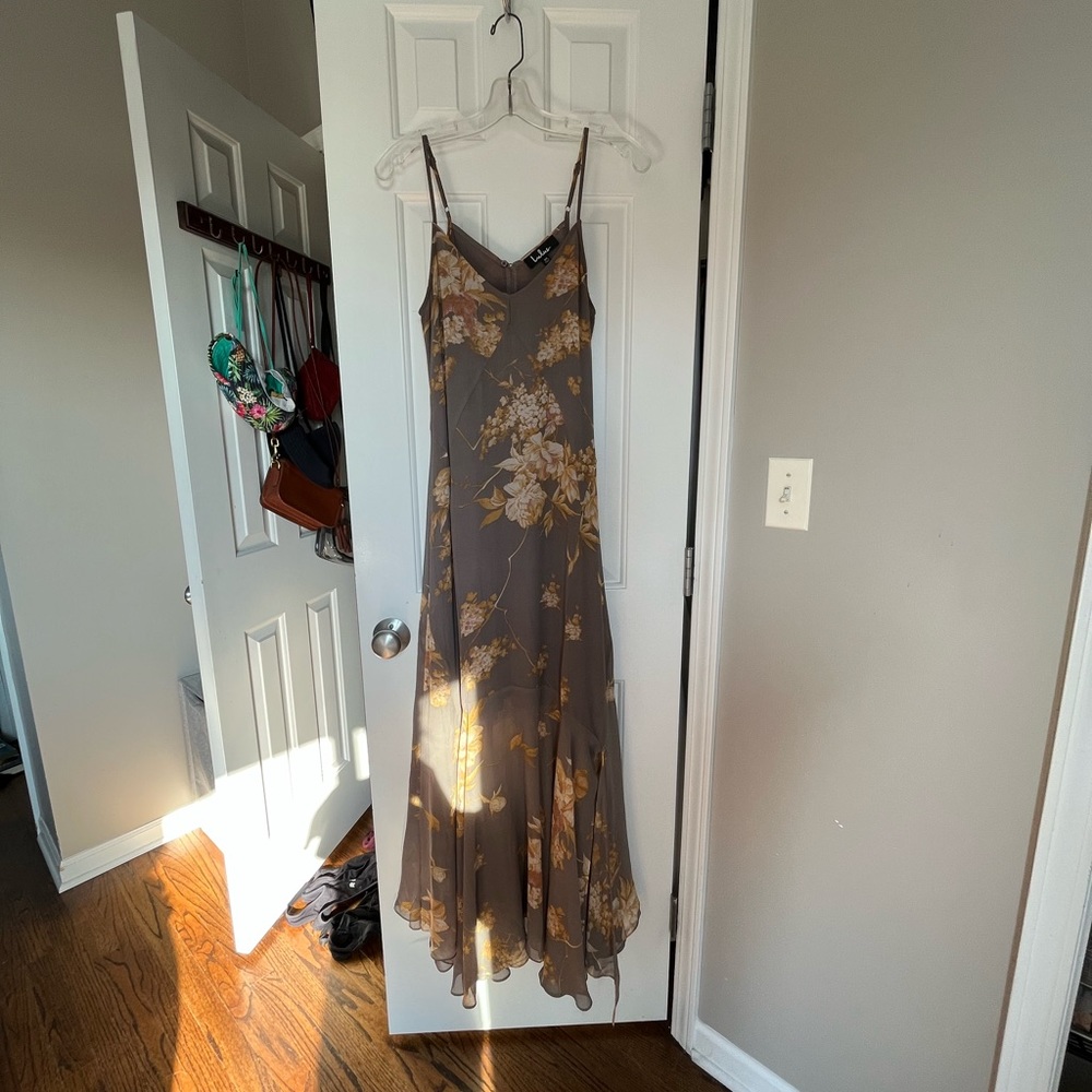 Brown floral flowy floor length maxi wedding guest dress